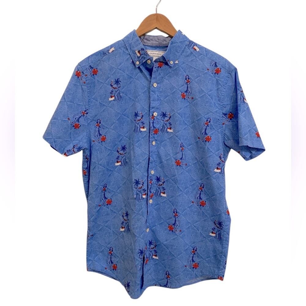 Crown & Ivy Men’s Blue Button Down Retro Hawaiian Girl Shirt Size Medium